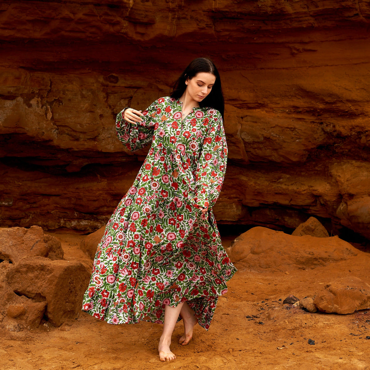 Ishani Vermilion Floral Cotton Maxi Dress – print detail