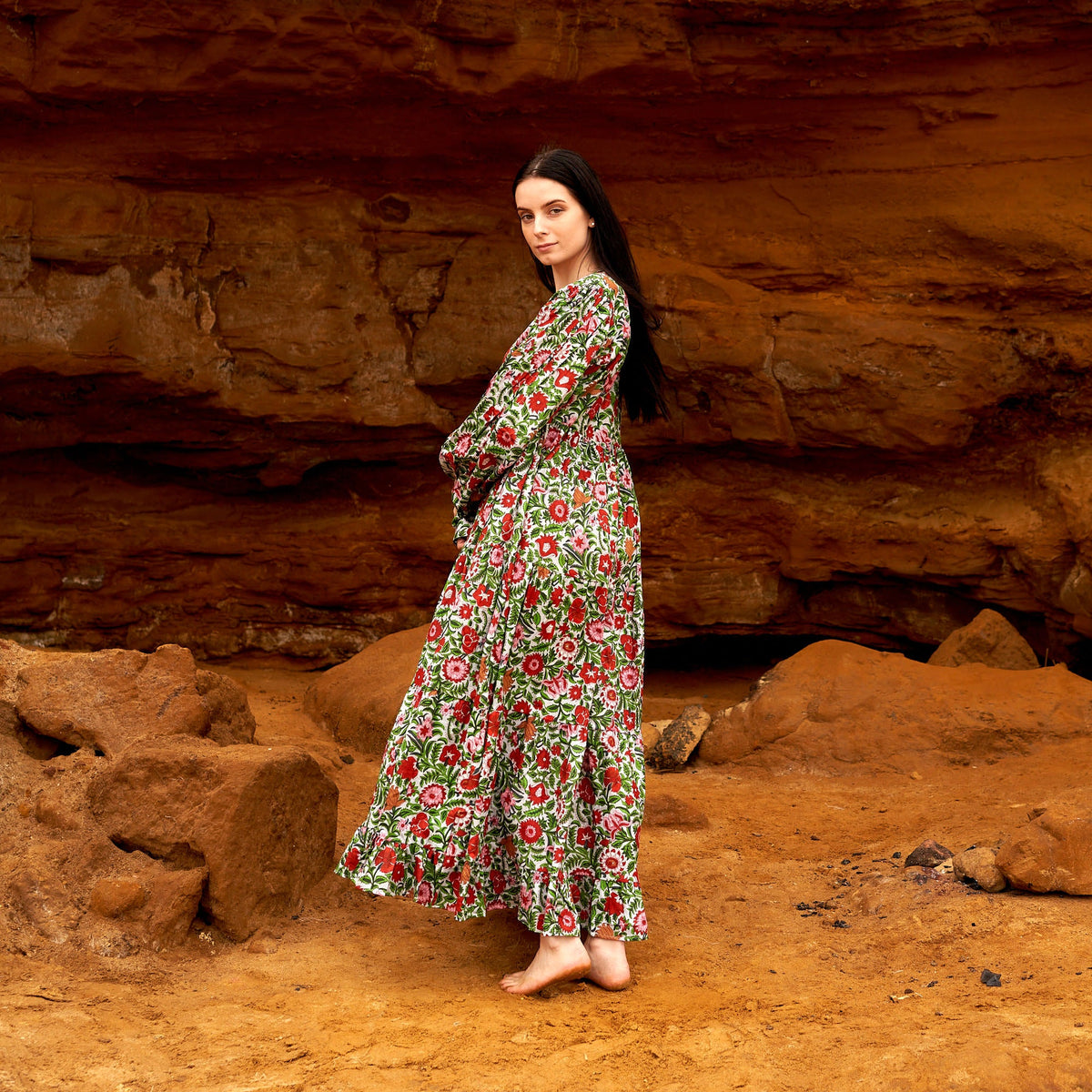 Ishani Vermilion Floral Cotton Maxi Dress – side view