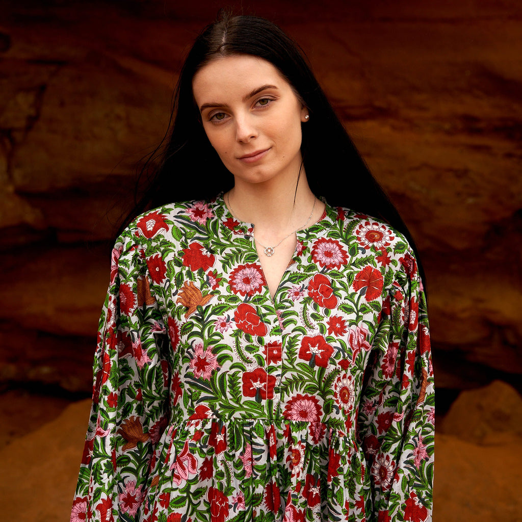 Ishani Vermilion Floral Cotton Maxi Dress – back view