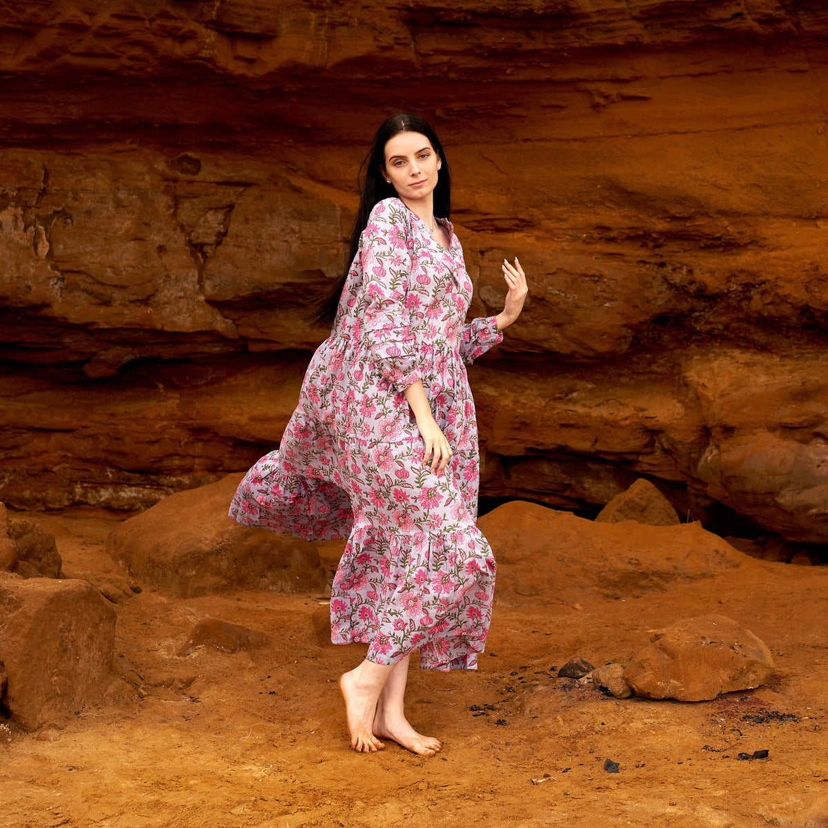 Jaya Moon Bloom Cotton Long Sleeve Maxi Dress – print detail