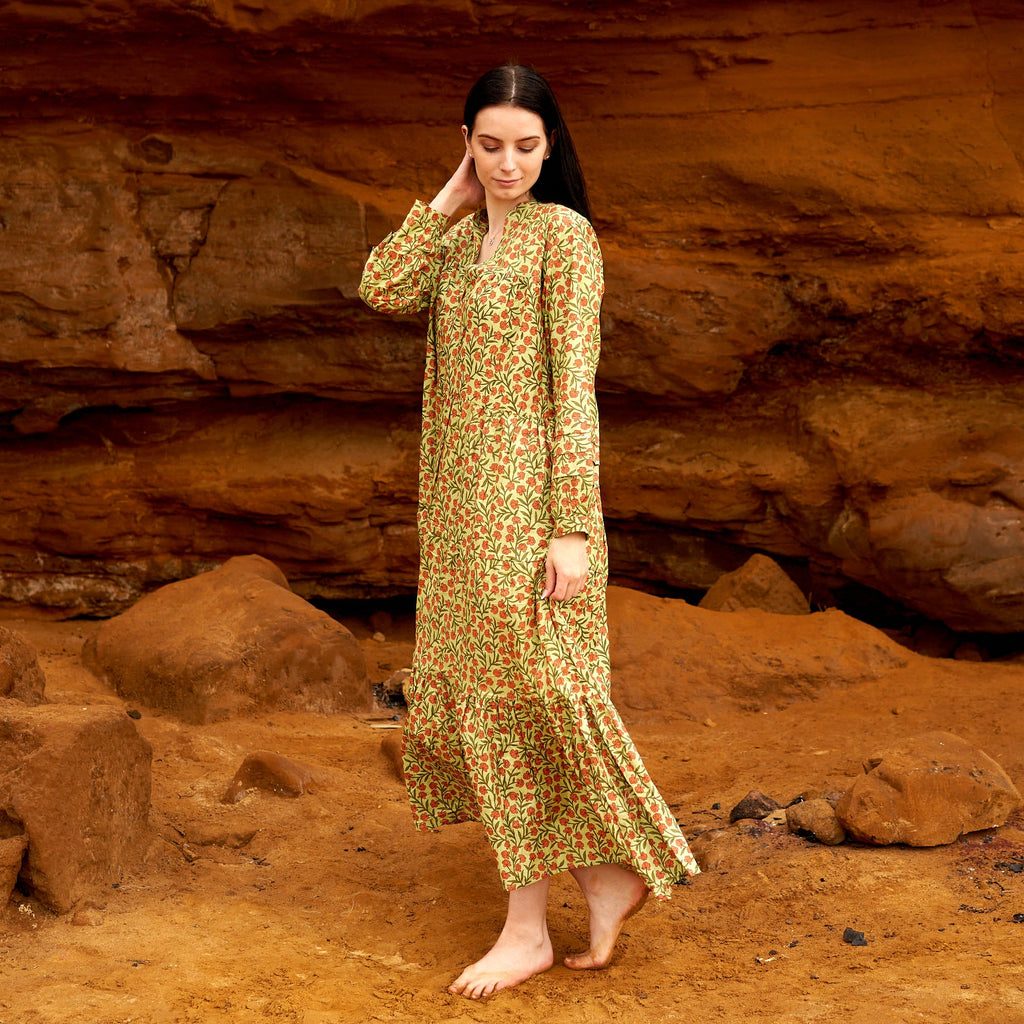 Kalindi Coral Garden Cotton Maxi Dress – back view