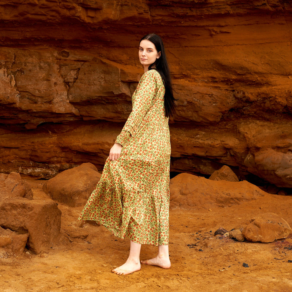 Kalindi Coral Garden Cotton Maxi Dress – print detail