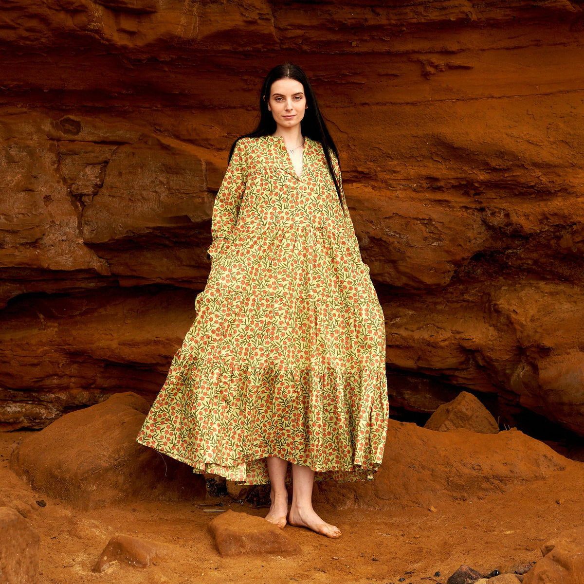 Kalindi Coral Garden Cotton Maxi Dress – front view