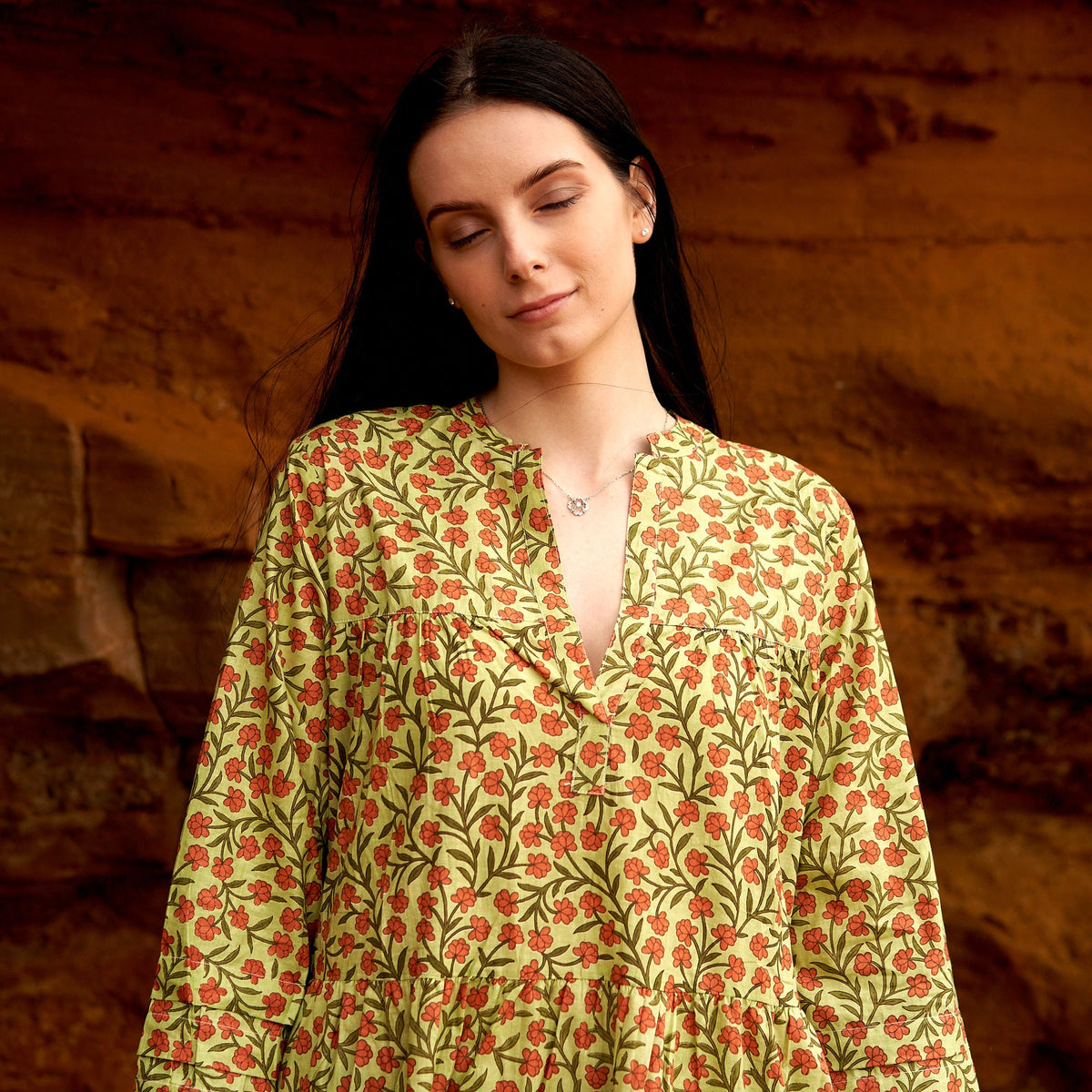 Kalindi Coral Garden Cotton Maxi Dress – side view