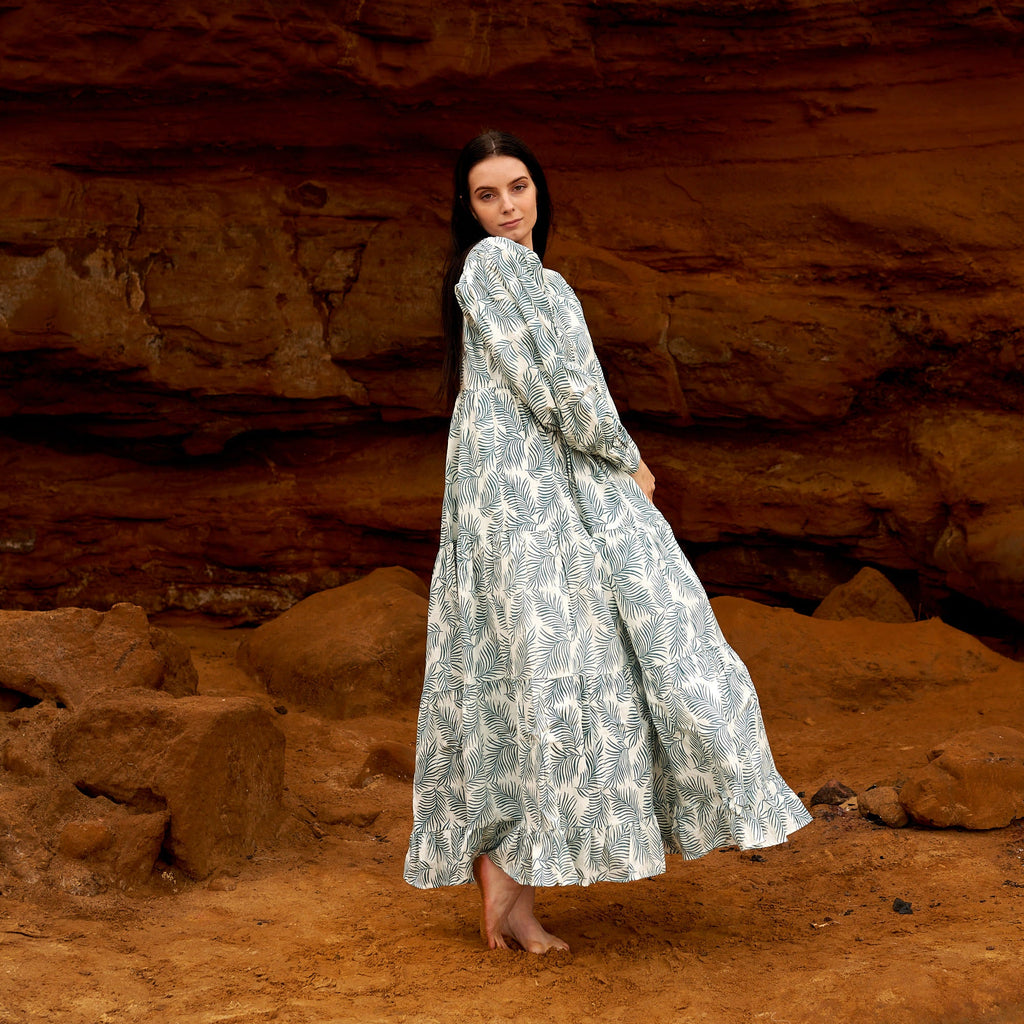 Leela Mint Botanical Cotton Maxi Dress – print detail