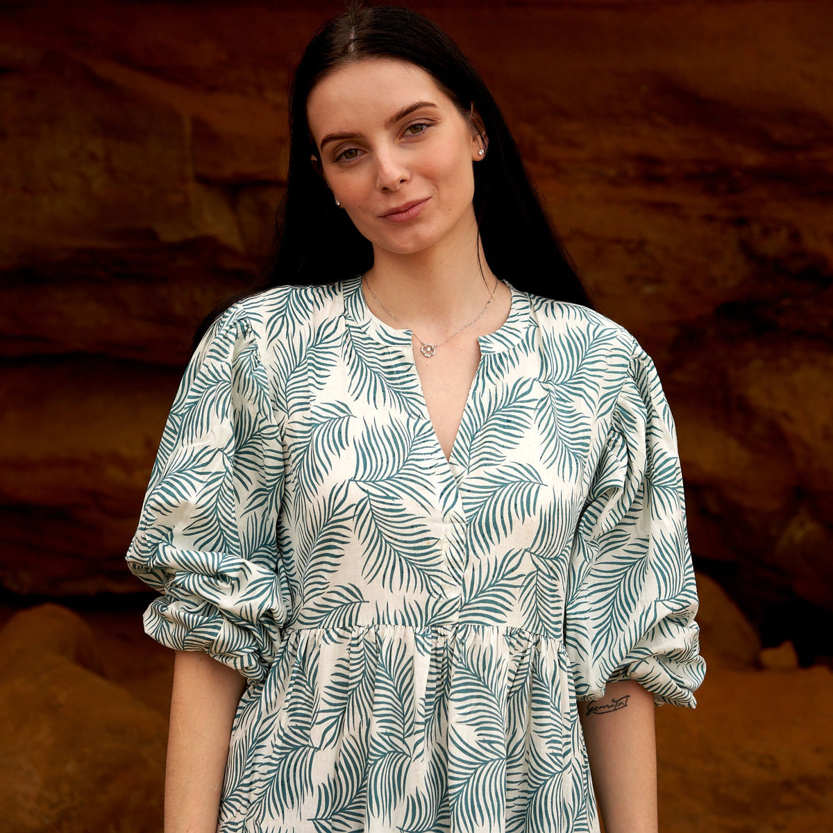 Leela Mint Botanical Cotton Maxi Dress – back view