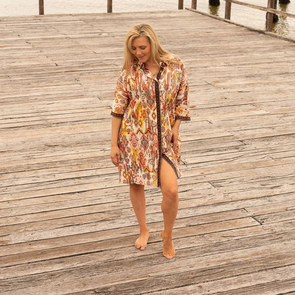 Bhavna Earth Ikat Cotton Maxi Shirt Dress – front view