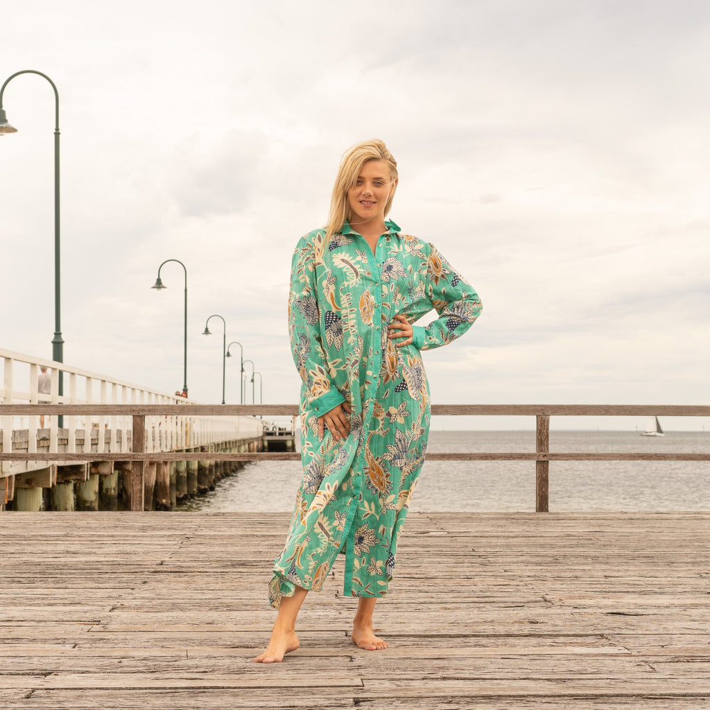Chhaya Emerald Botanical Cotton Maxi Shirt Dress – front view