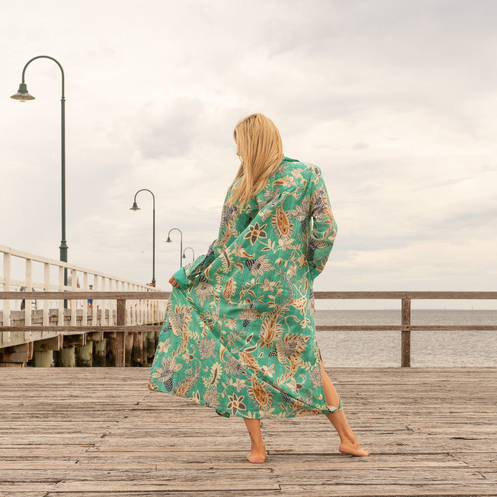 Chhaya Emerald Botanical Cotton Maxi Shirt Dress – back view