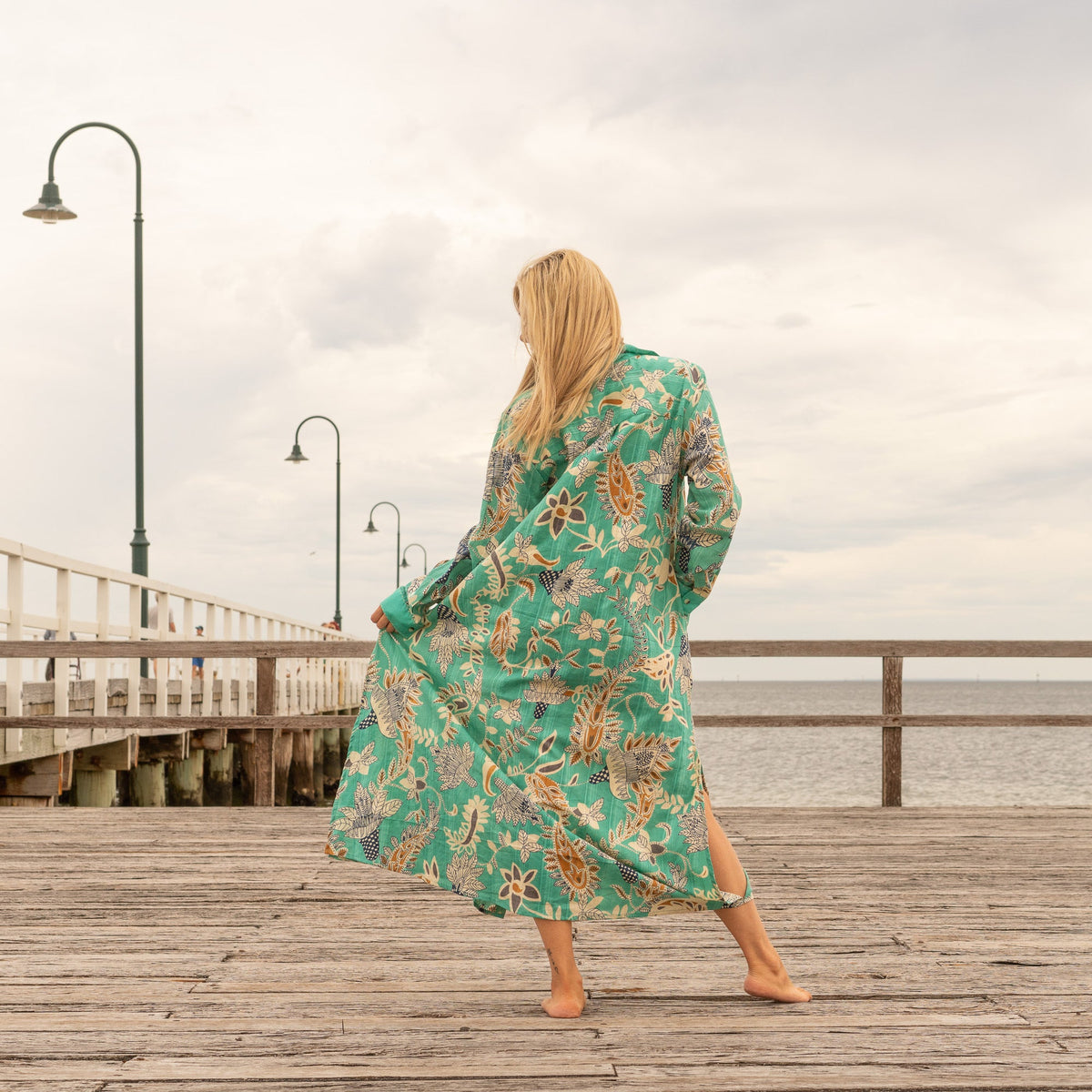 Chhaya Emerald Botanical Cotton Maxi Shirt Dress – back view