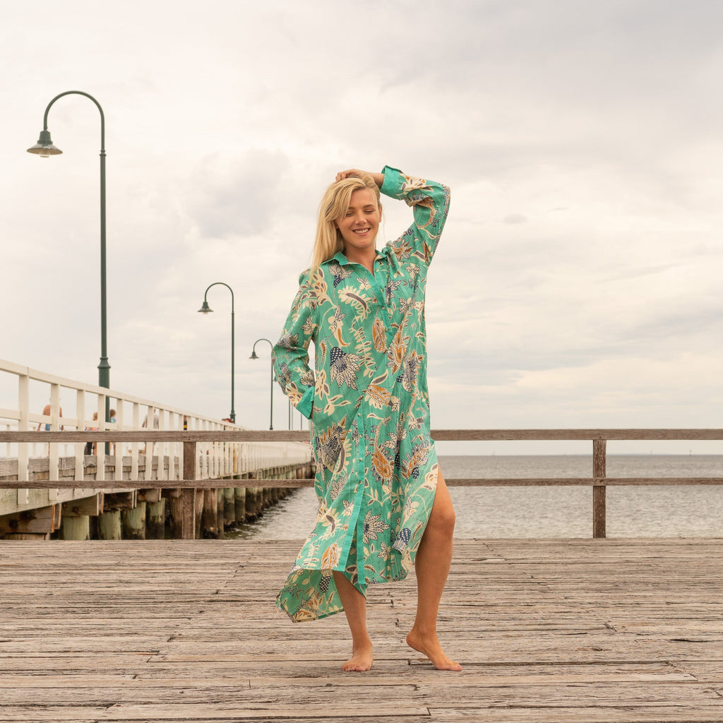 Chhaya Emerald Botanical Cotton Maxi Shirt Dress – print detail