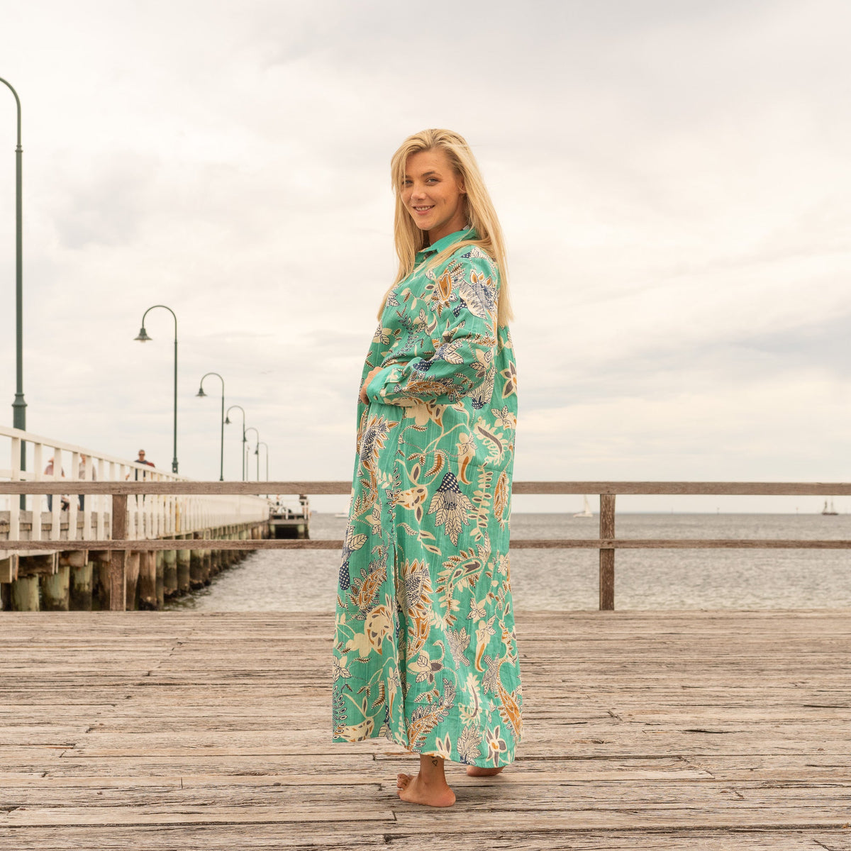 Chhaya Emerald Botanical Cotton Maxi Shirt Dress – styled look