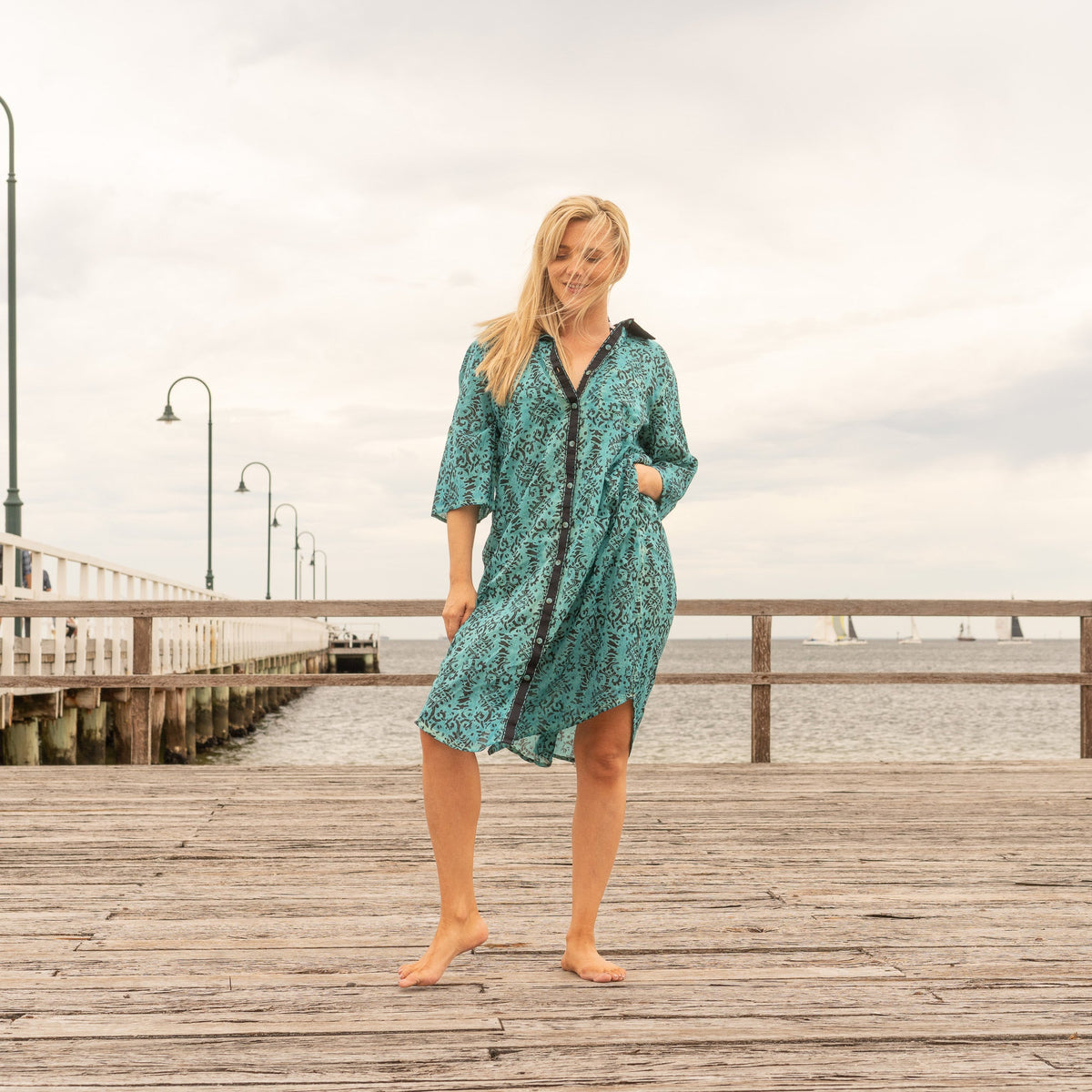 Damini Teal Floral Cotton Maxi Shirt Dress – side view