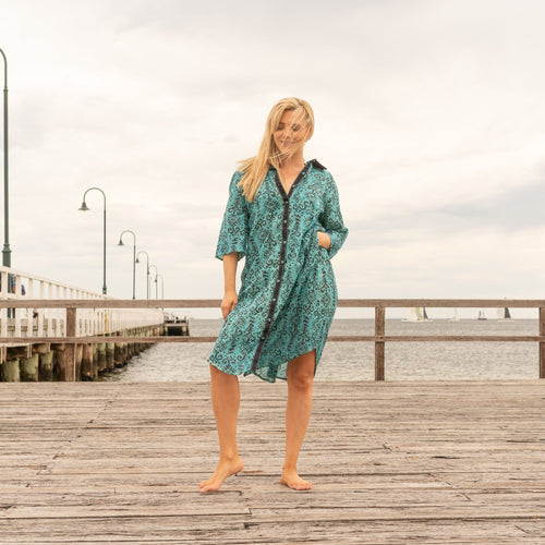 Damini Teal Floral Cotton Maxi Shirt Dress – side view
