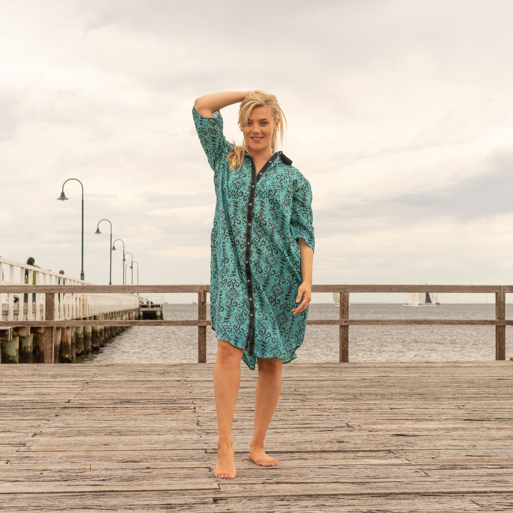 Damini Teal Floral Cotton Maxi Shirt Dress – front view