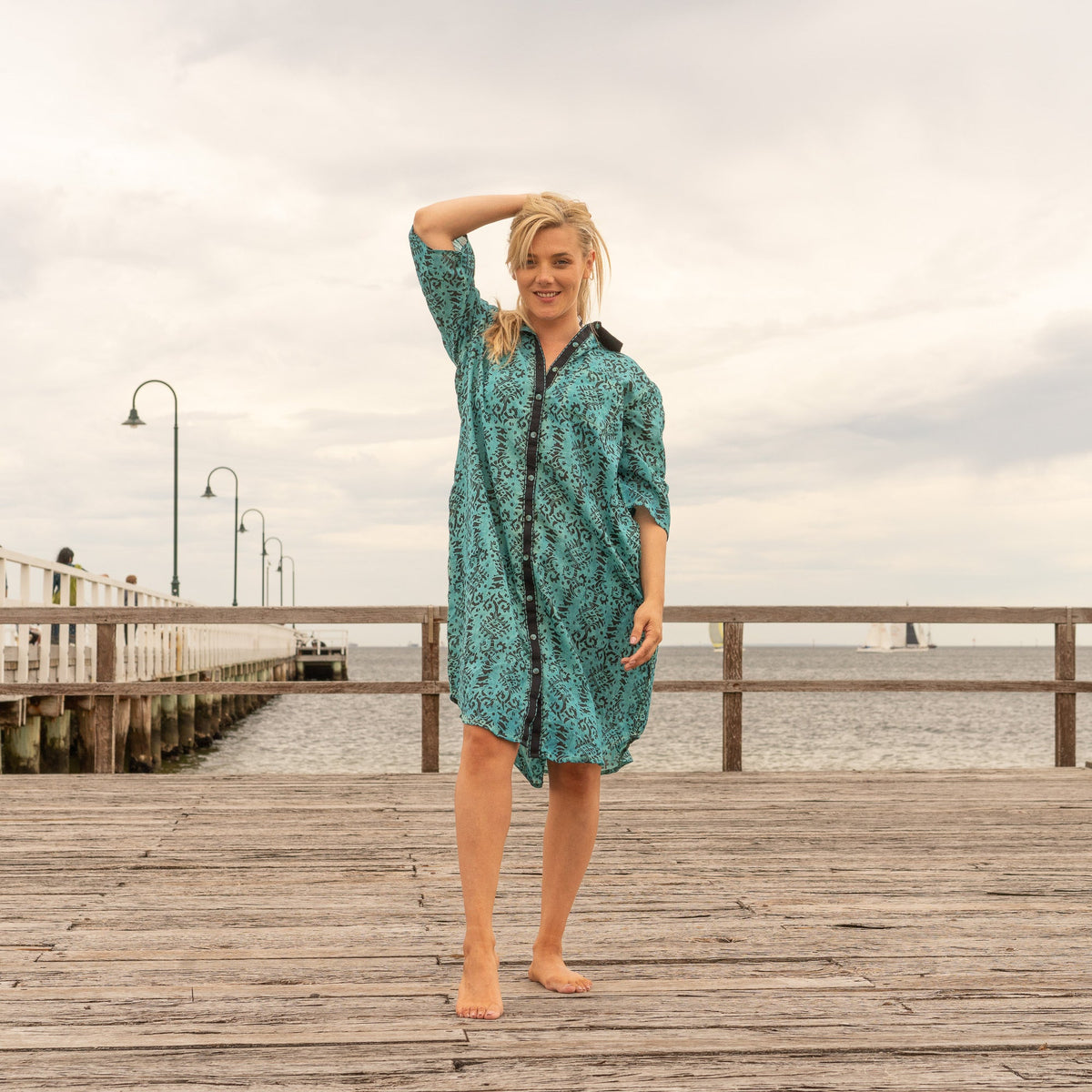 Damini Teal Floral Cotton Maxi Shirt Dress – front view