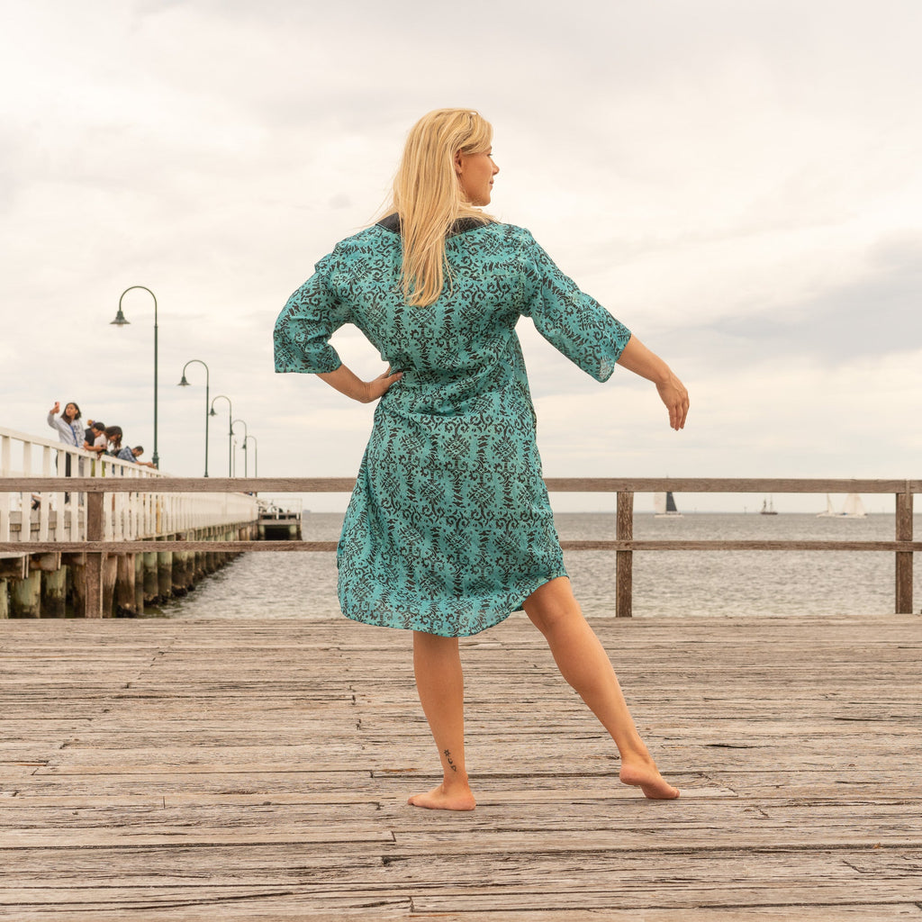 Damini Teal Floral Cotton Maxi Shirt Dress – print detail