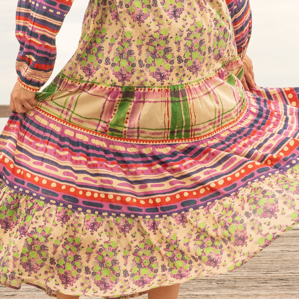 Anvi Purple Patchwork Floral Cotton Maxi Dress – side view