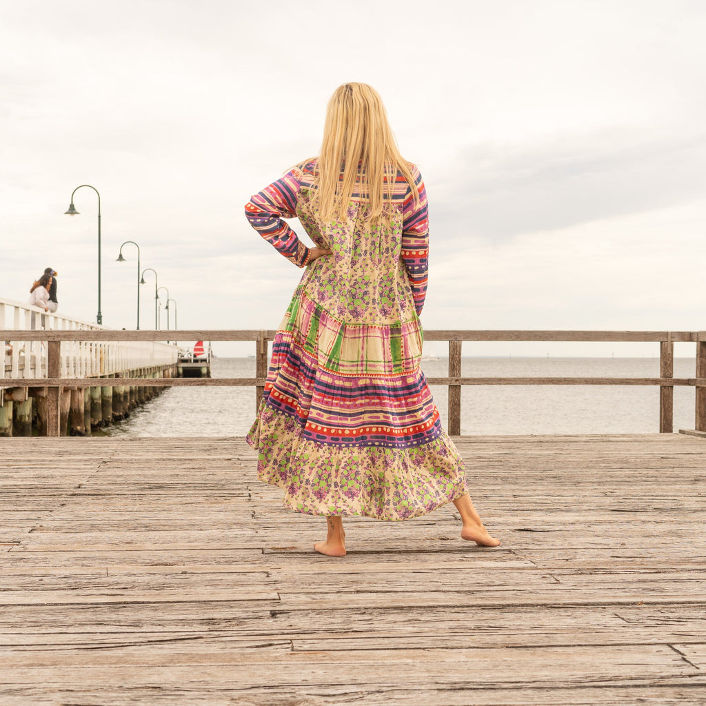 Anvi Purple Patchwork Floral Cotton Maxi Dress – back view