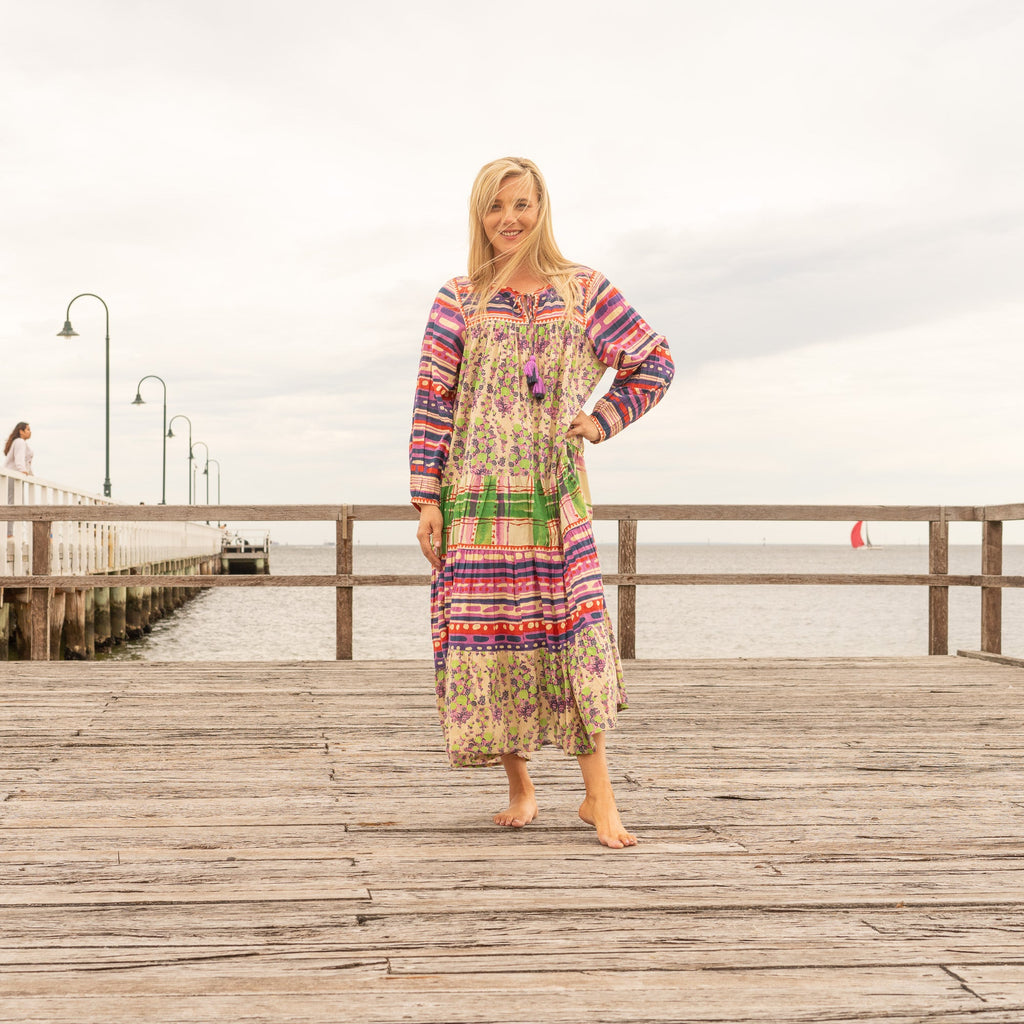 Anvi Purple Patchwork Floral Cotton Maxi Dress – front view