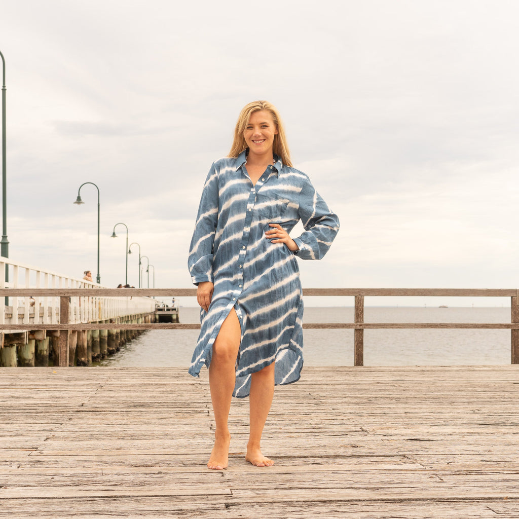 Ekta Indigo Cotton Maxi Shirt Dress – front view