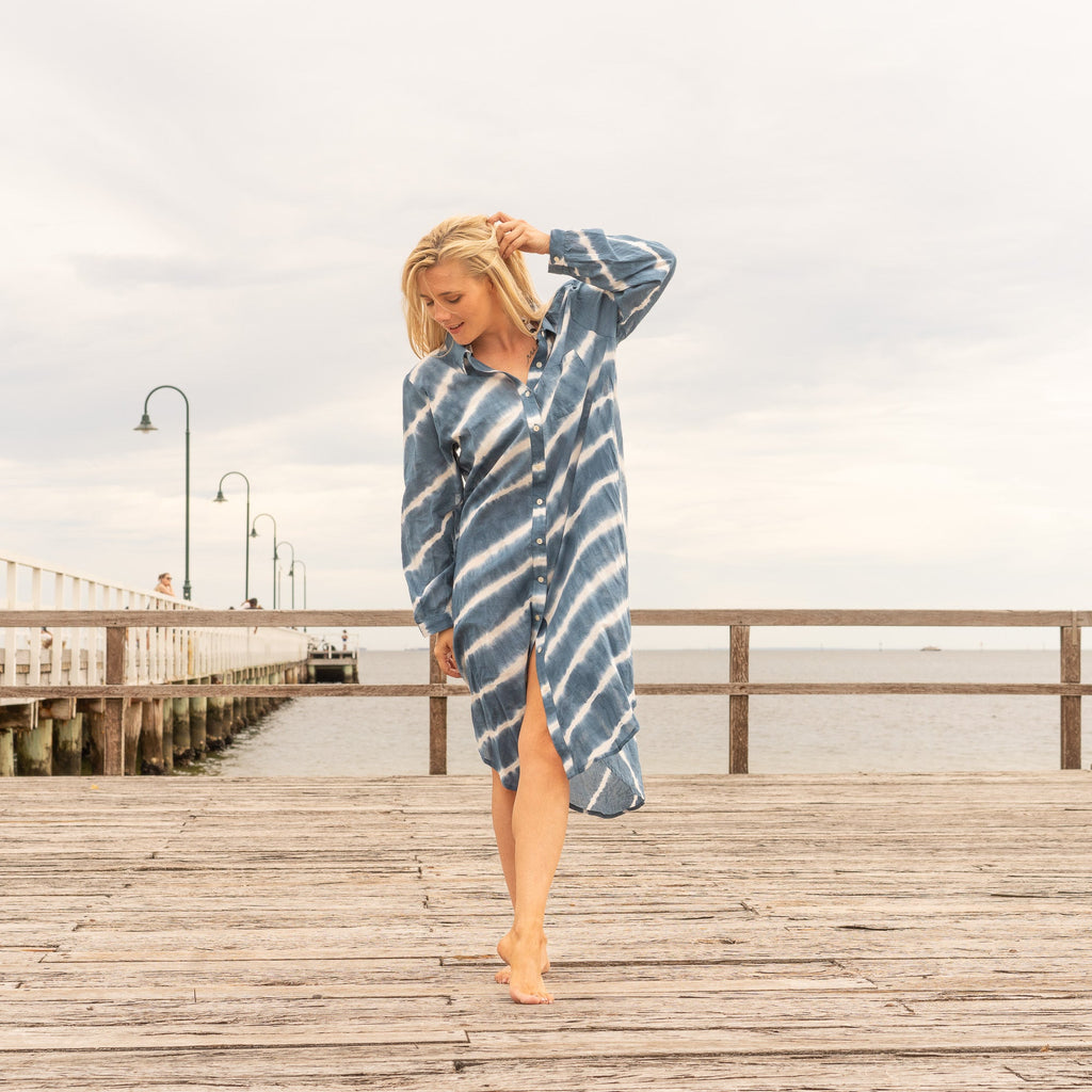 Ekta Indigo Cotton Maxi Shirt Dress – side view