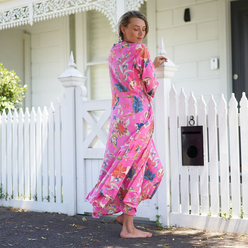 Saira Beachside Print Cotton Wrap Maxi Dress – back view