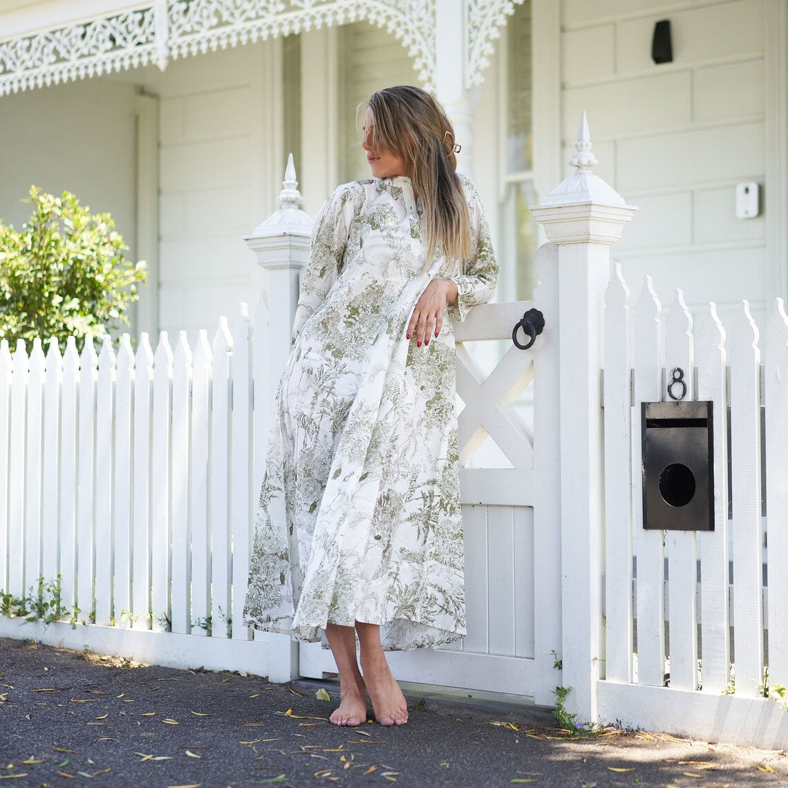 Sahana Soft Neutral Cotton Wrap Maxi Dress – front view