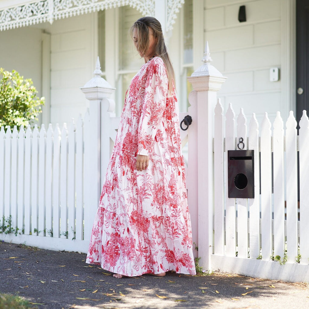 Saanvi Vintage Botanical Cotton Wrap Maxi Dress – print detail
