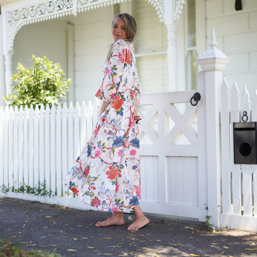 Shanaya Coastal Charm Cotton Wrap Maxi Dress – print detail