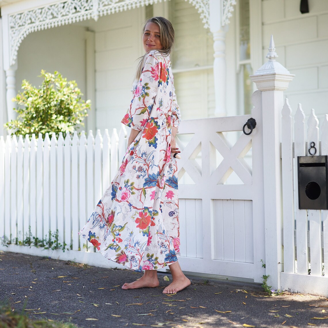 Shanaya Coastal Charm Cotton Wrap Maxi Dress – print detail