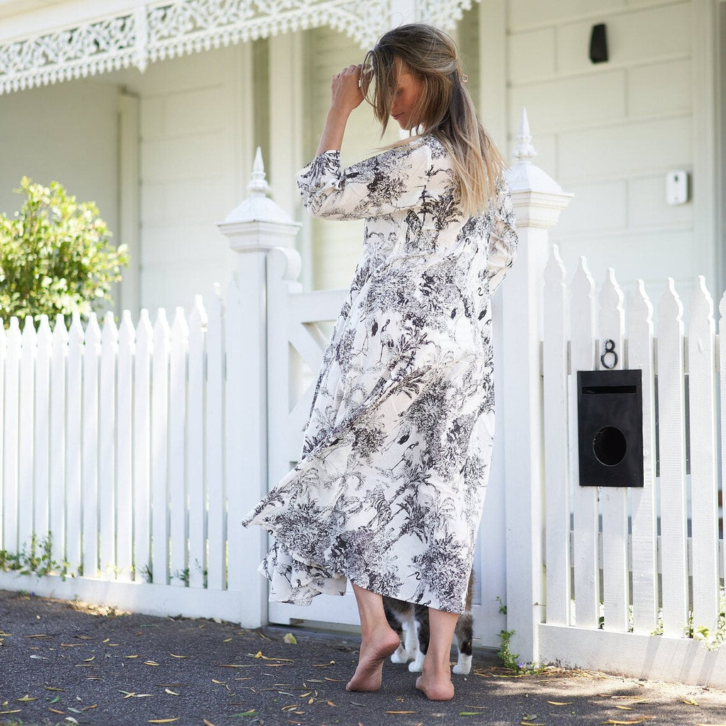 Sana Tropic Print Cotton Wrap Maxi Dress – print detail