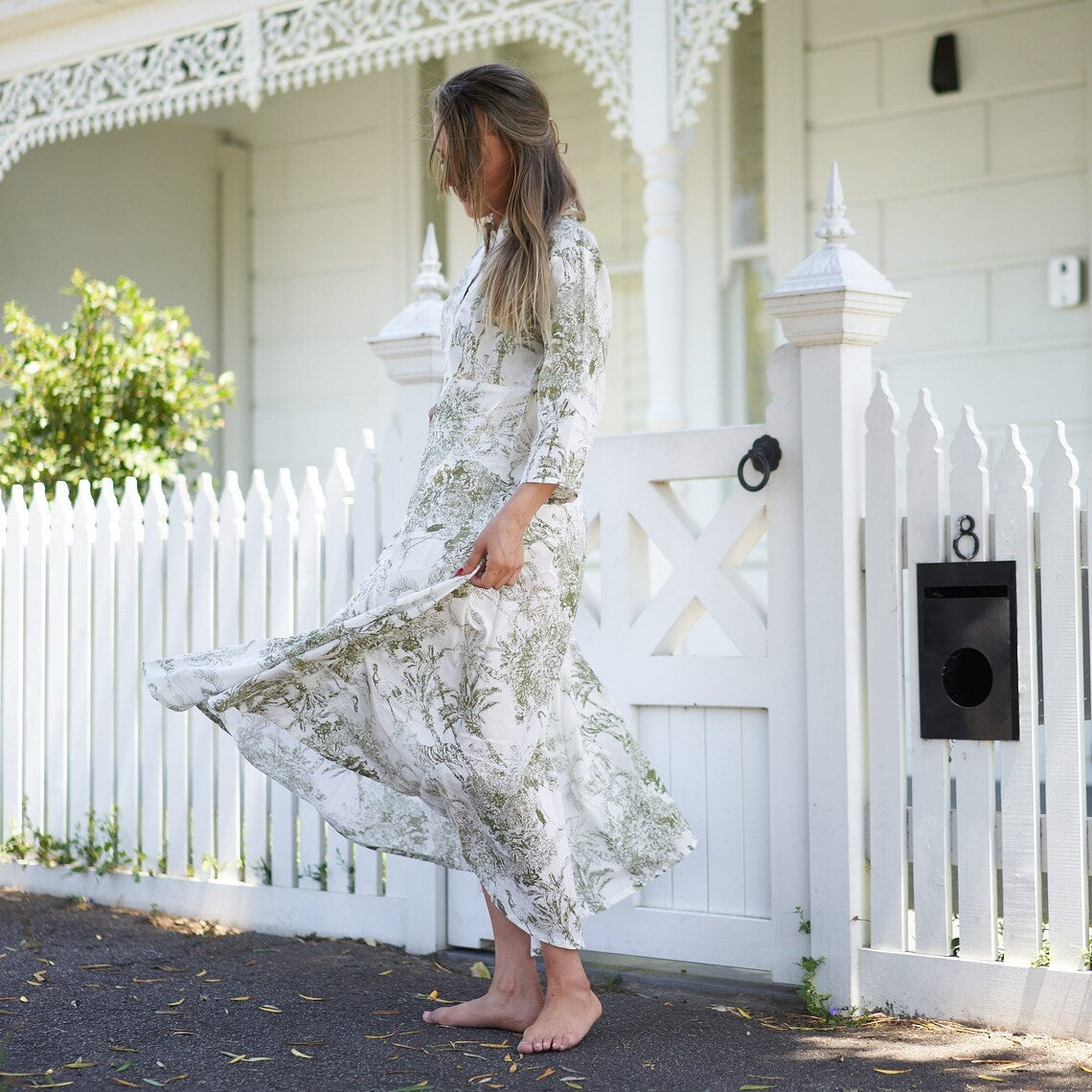 Sahana Soft Neutral Cotton Wrap Maxi Dress – back view