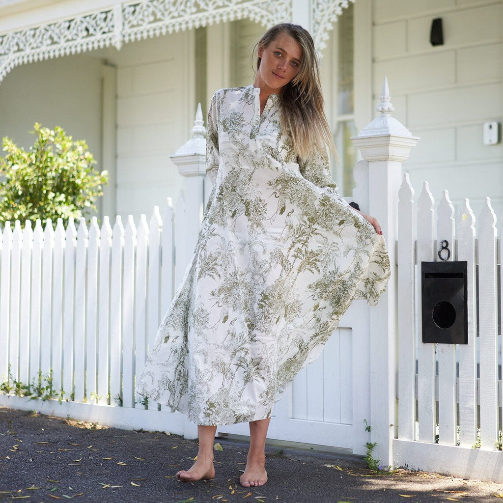 Sahana Soft Neutral Cotton Wrap Maxi Dress – print detail