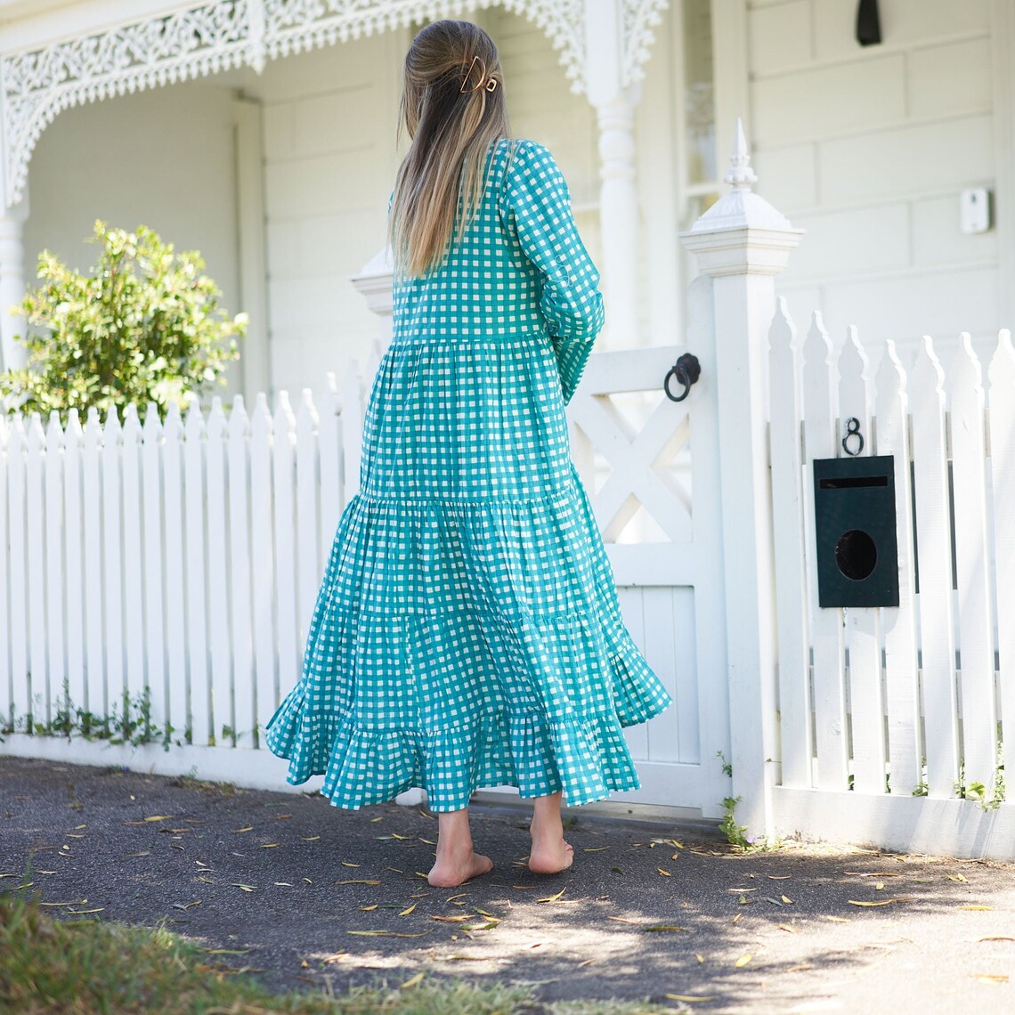 Ruhi Coastal Print Cotton Wrap Maxi Dress – back view